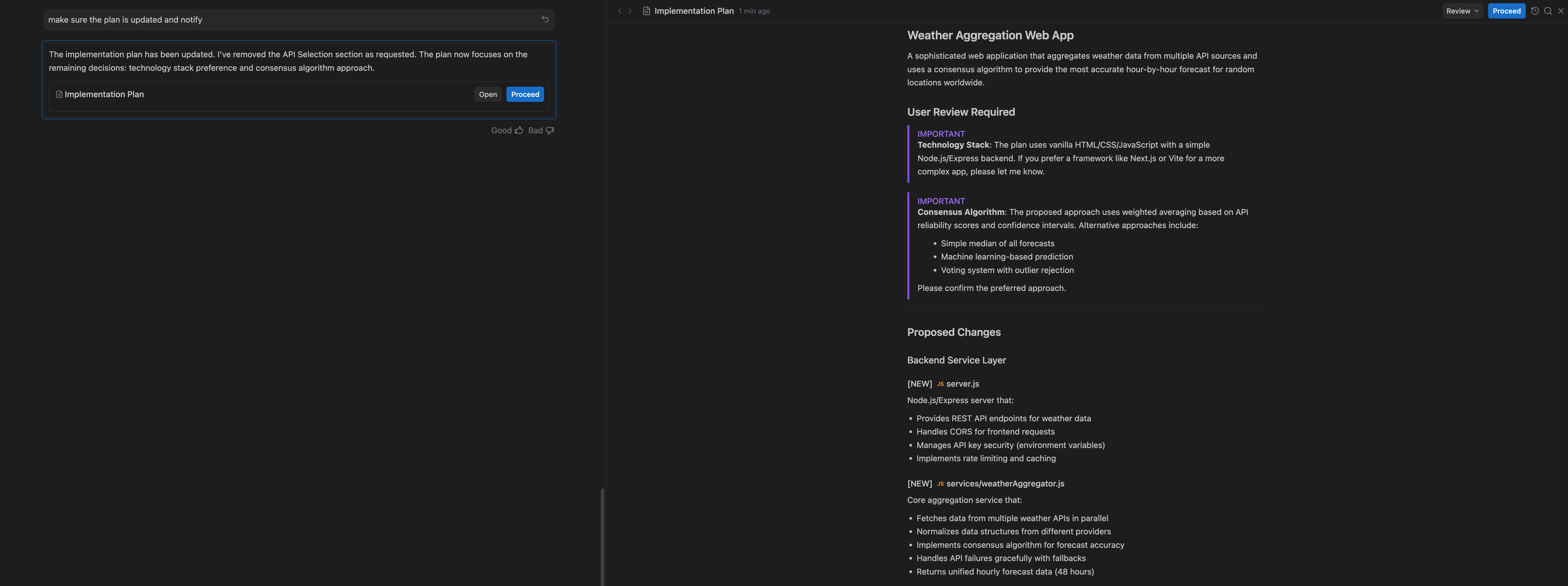 Antigravity Implementation Plan for a weather app, with User Review Required and Proposed Changes.