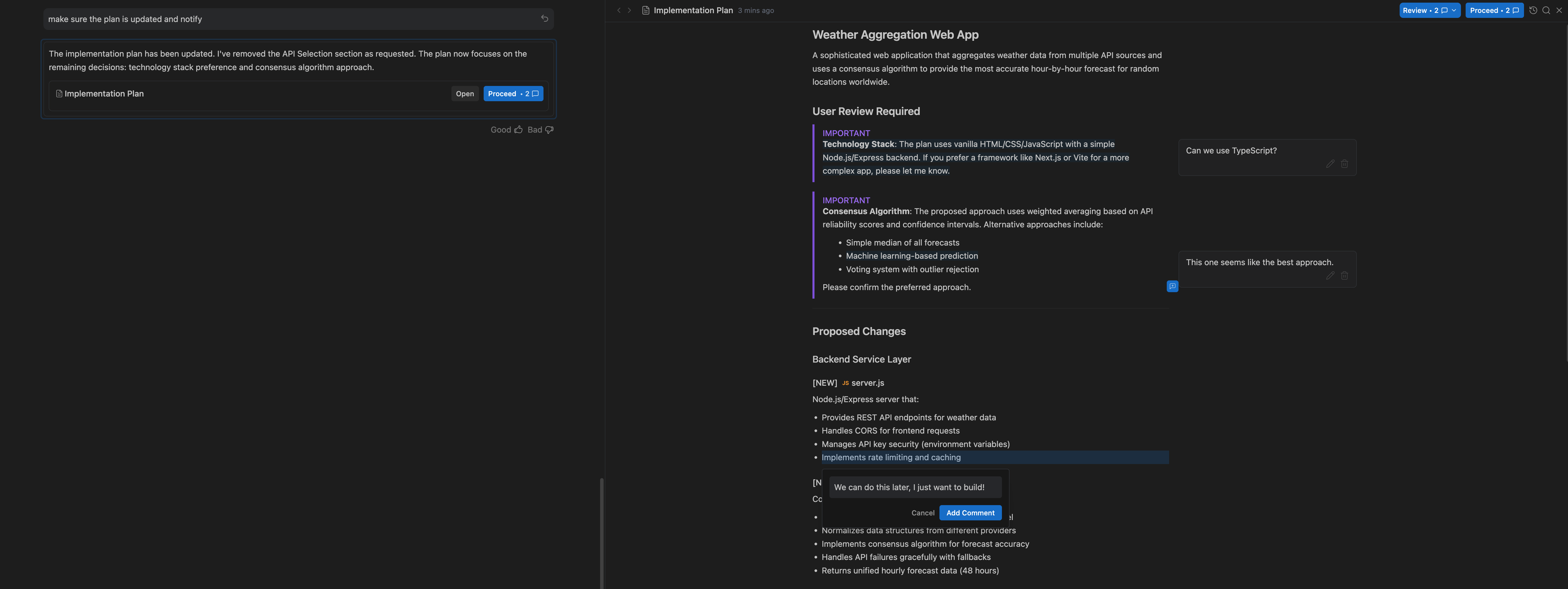 Antigravity plan with comments requesting TypeScript and choosing an algorithm.