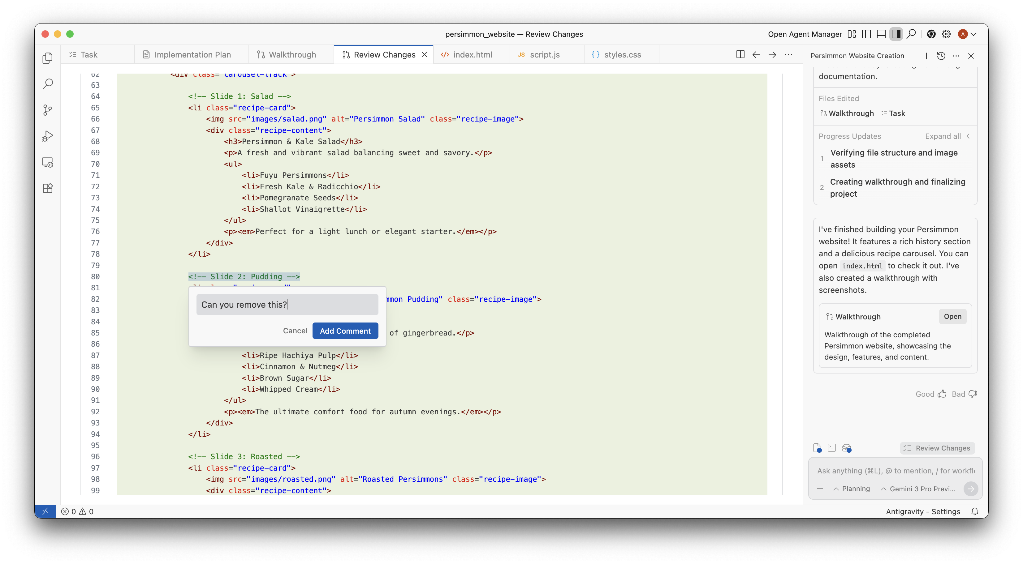 Antigravity Review Changes editor with a selected code line and an inline comment asking, Can you remove this?