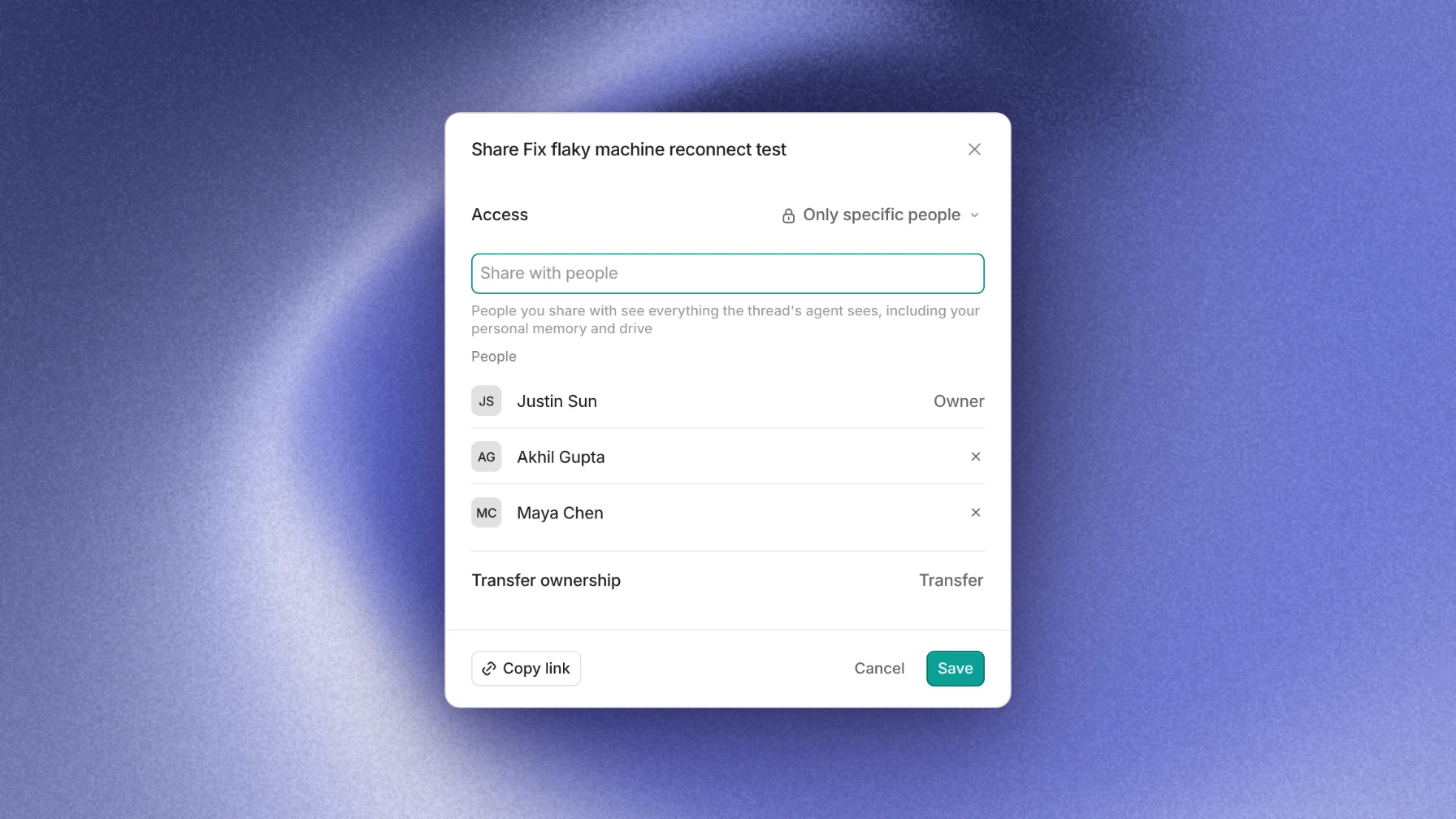 Capy sharing dialog for Fix flaky machine reconnect test: specific-person access, named collaborators and Transfer ownership.