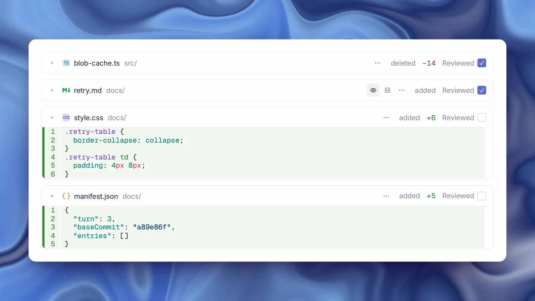 Capy file review capture: blob-cache.ts and retry.md marked reviewed, with style.css and manifest.json diffs still open.