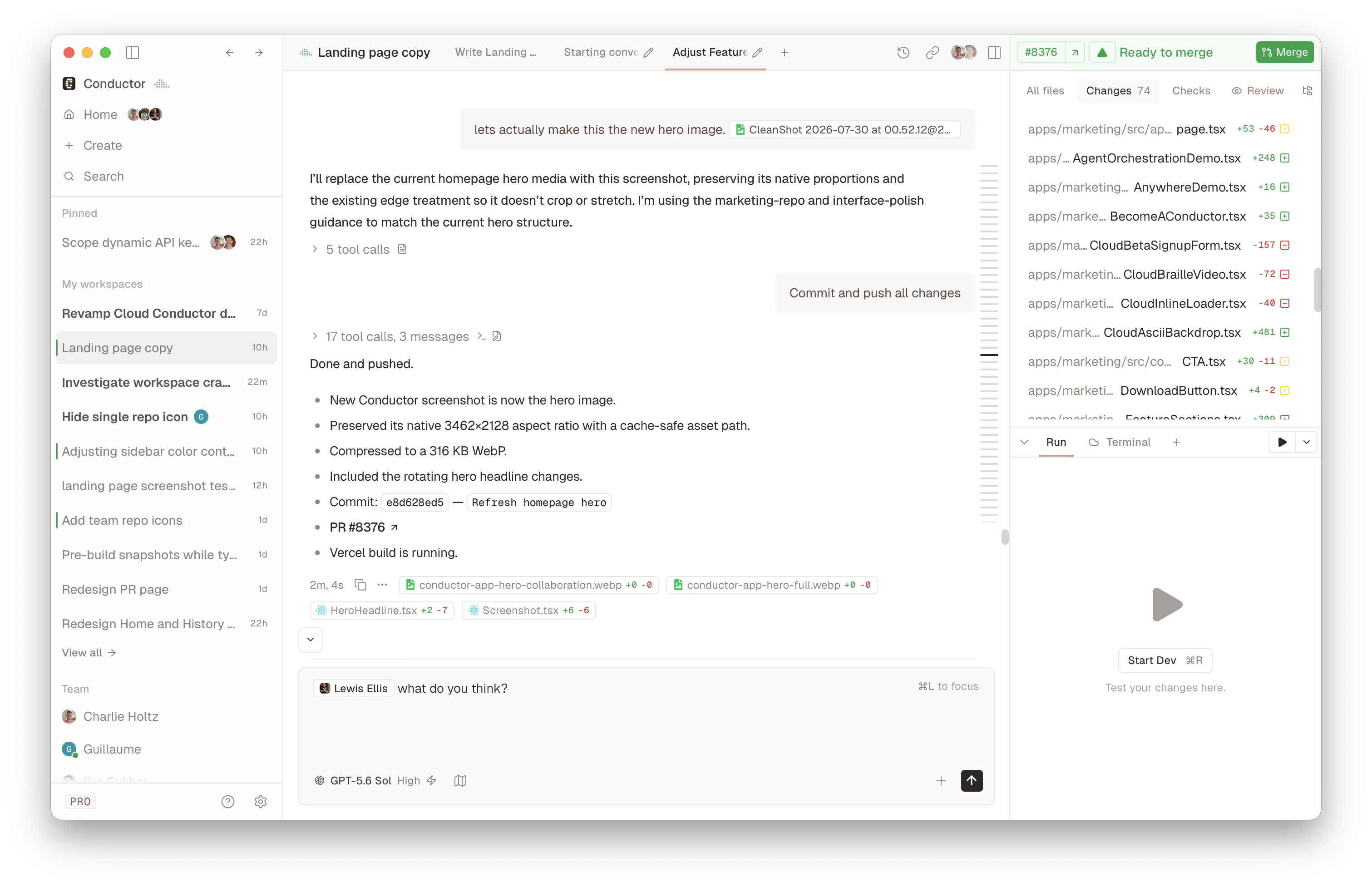 Conductor workspace: workspace list on the left, an agent chat that committed and pushed a change, and a changes panel with a pull request marked Ready to merge.