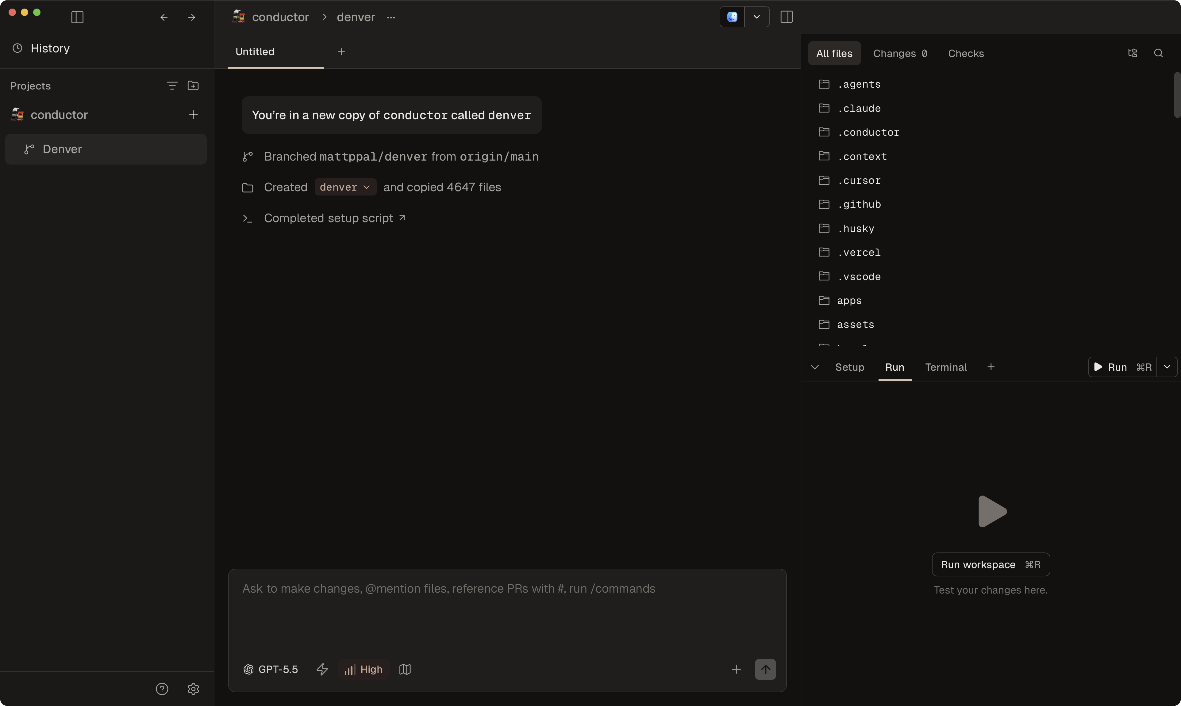 Conductor documentation image: a new workspace called denver, branched from origin/main, with its files copied and setup script completed, and an empty agent chat.