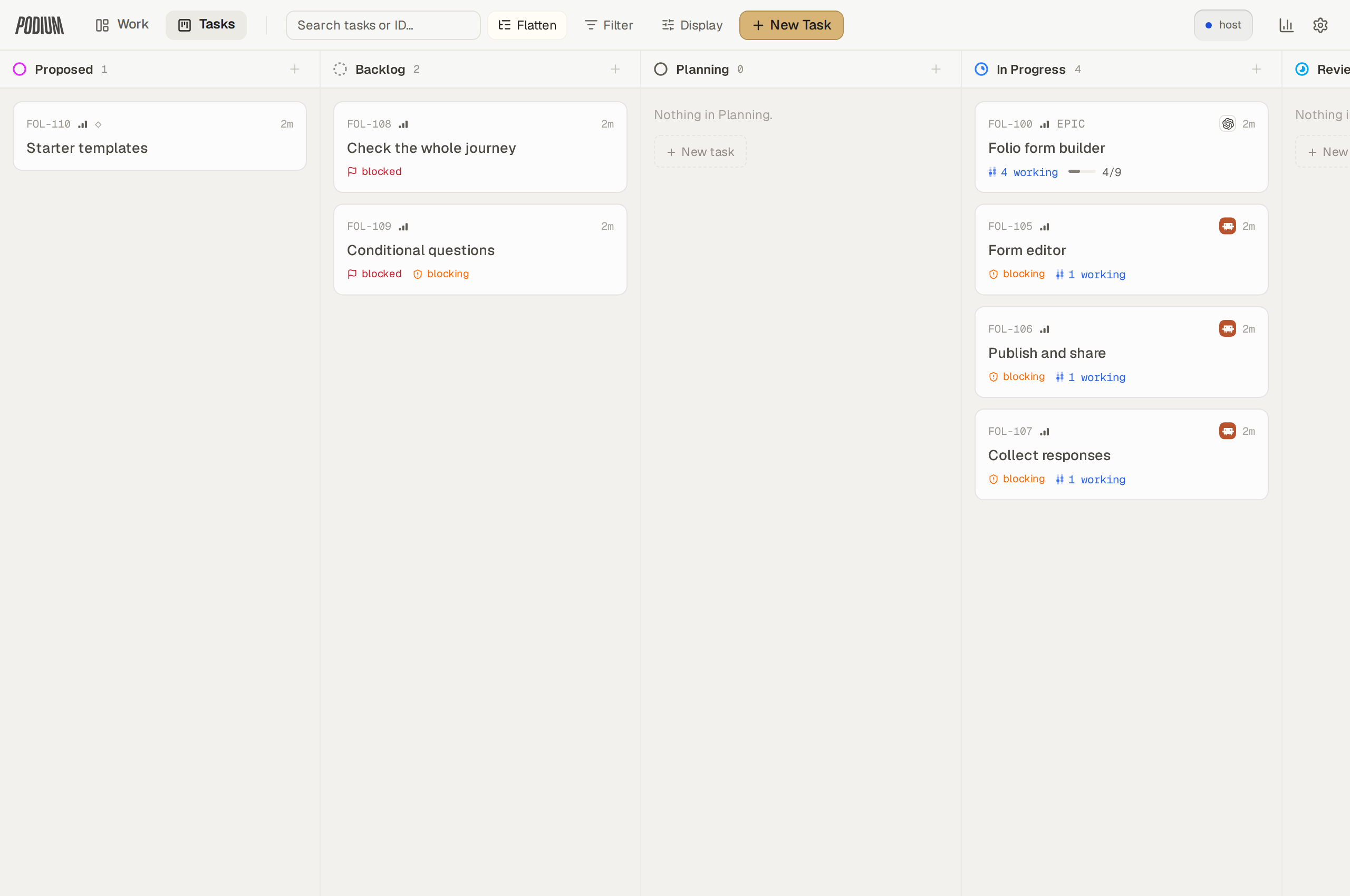 Podium Backlog column: Conditional questions is marked blocked and blocking; Check the whole journey is marked blocked.