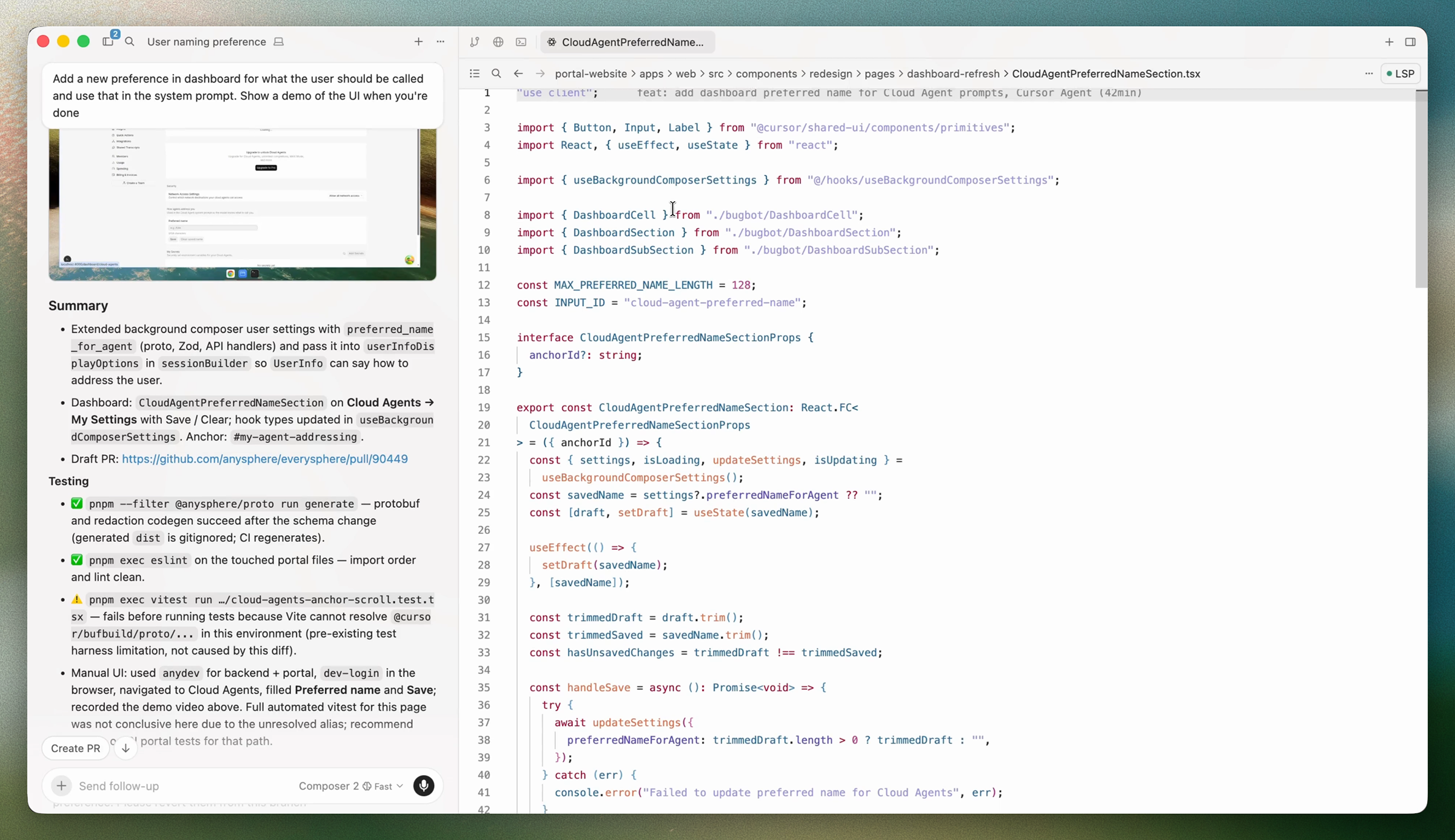 Cursor Agents Window with an agent summary, testing results, draft PR link and source file.