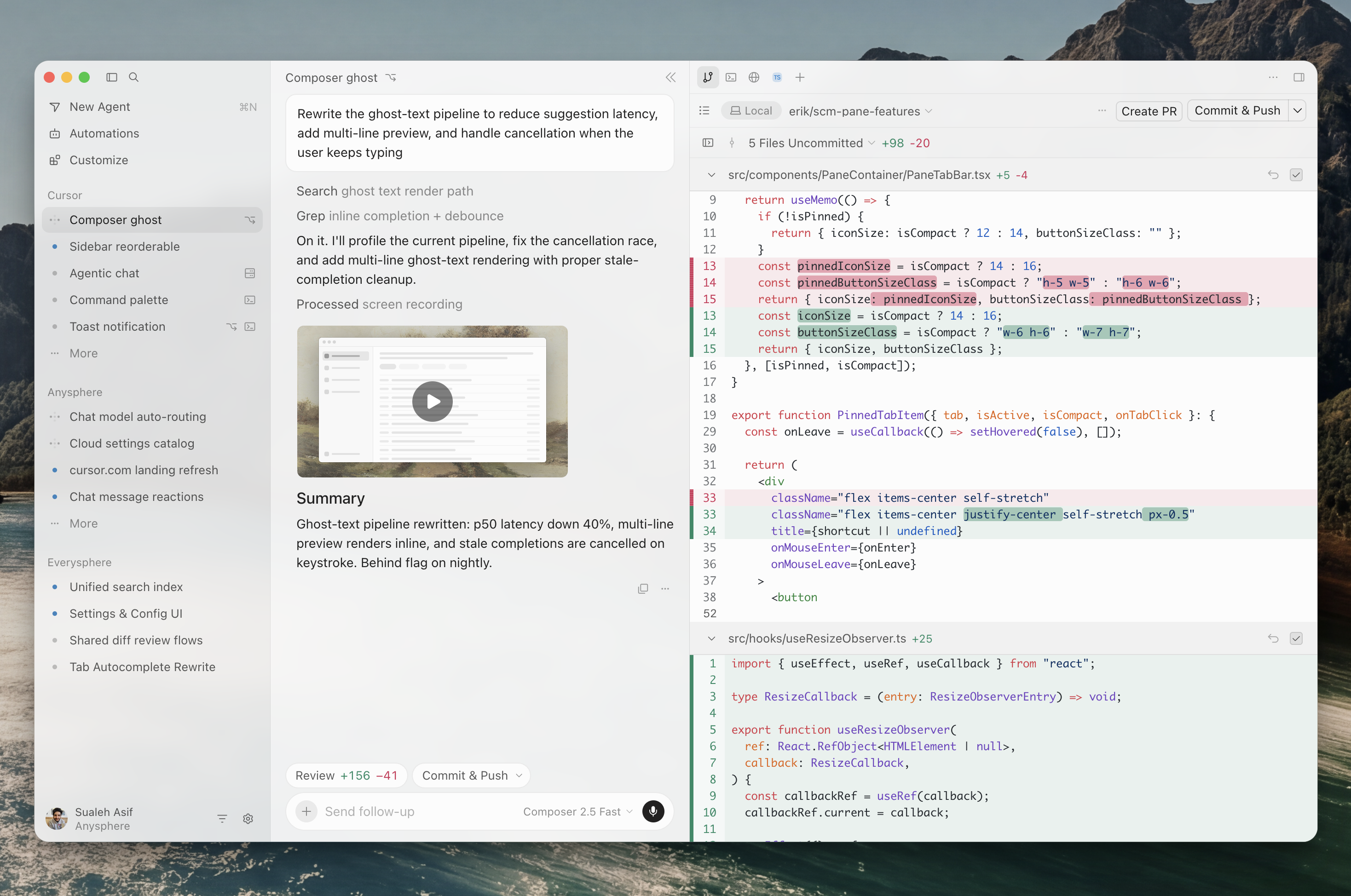 Cursor agent sidebar listing Composer ghost, Sidebar reorderable and other tasks.
