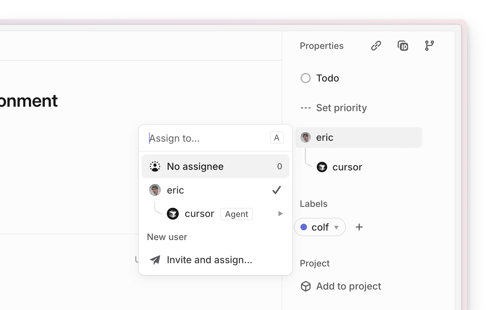 Linear issue with its assignment menu open, showing eric as assignee and cursor as an Agent.