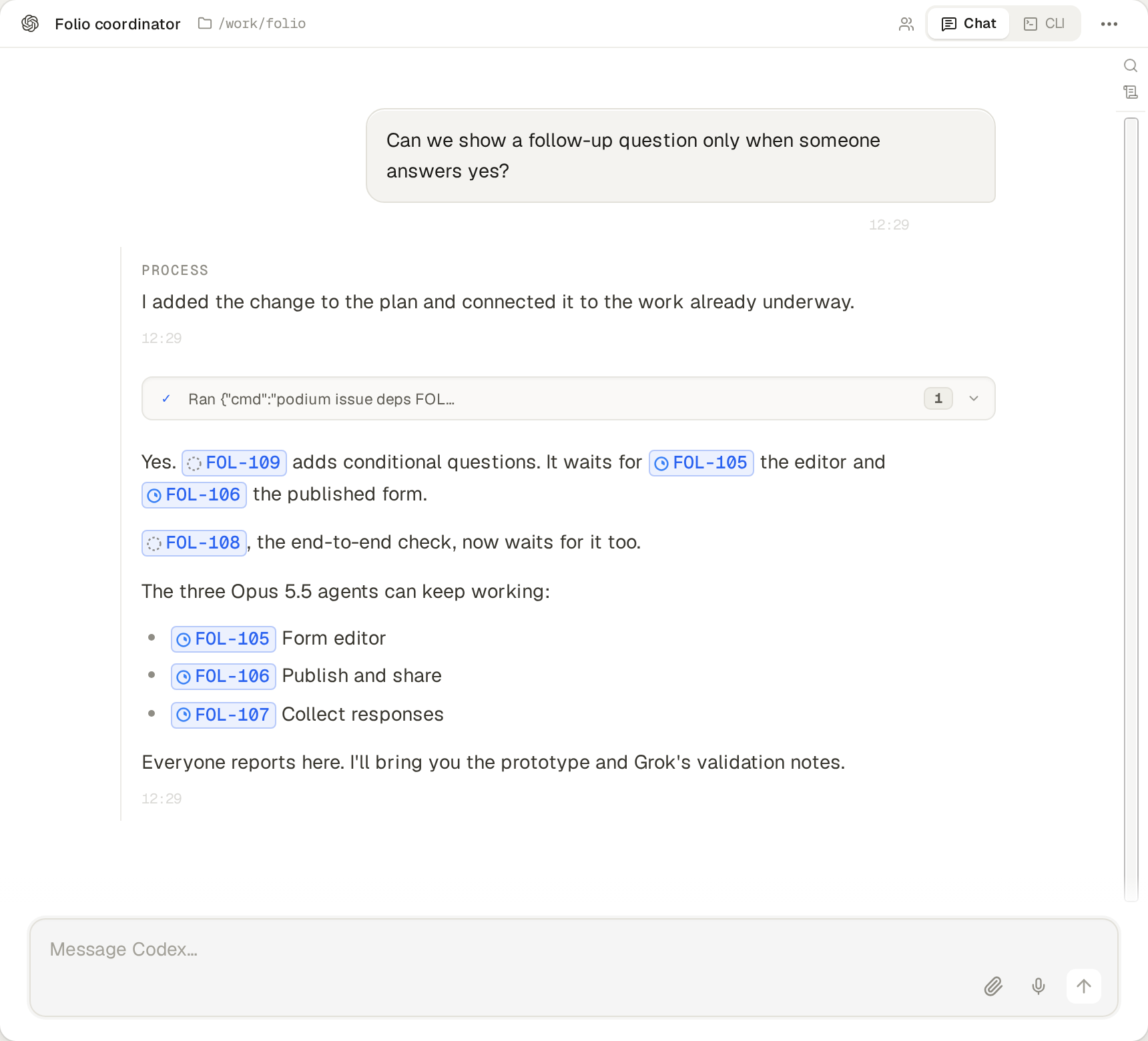 Folio chat with the conditional-question request and a reply linking its dependencies.