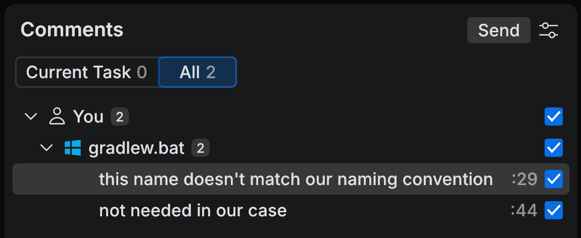 JetBrains Air documentation image: the Comments tool with two of your line comments on gradlew.bat, both selected, and a Send button.