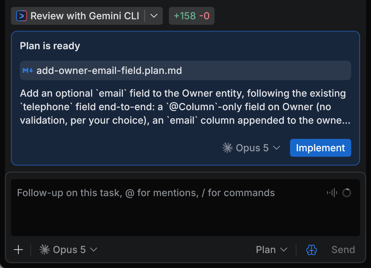 JetBrains Air documentation image: a task card reading Plan is ready, with the plan file add-owner-email-field.plan.md, the start of the plan and an Implement button.
