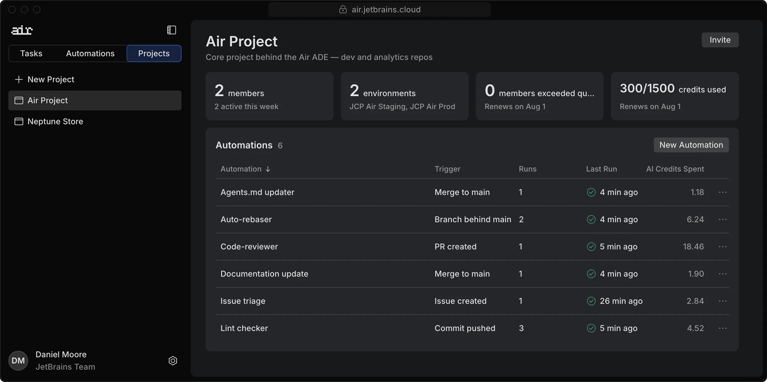 JetBrains Air product image: the Automations panel of a shared Air Teams project, listing six automations such as Auto-rebaser, Code-reviewer and Issue triage with their triggers (merge to main, PR created, issue created) and run counts.