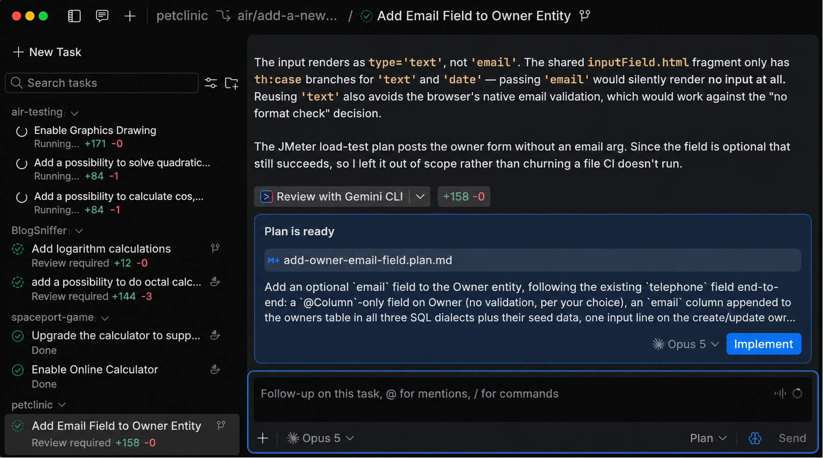 JetBrains Air documentation image: the task list grouped by project, with three tasks running and two marked Review required, each with its added and removed line counts.