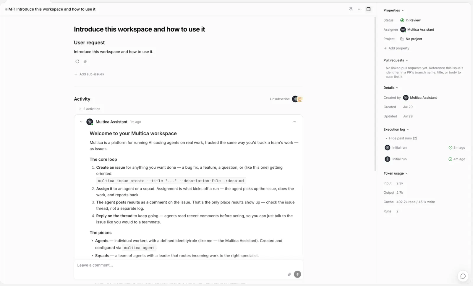 Multica documentation issue: Introduce this workspace and how to use it, with the agent’s reply and its core-loop instructions.