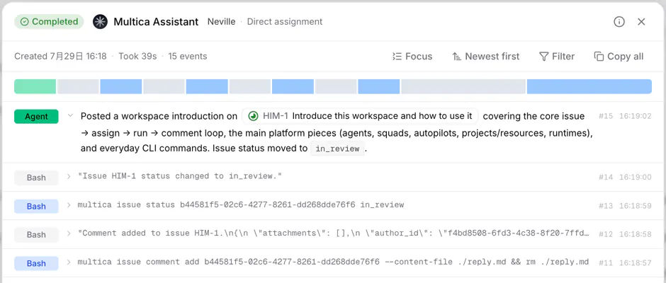 Completed Multica Assistant run with a posted comment and explicit issue status update to in_review.