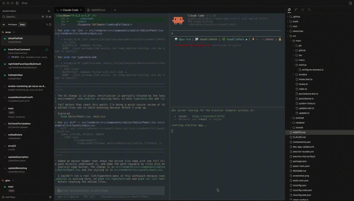 Orca worktree sidebar beside split Claude Code terminals and a file tree.