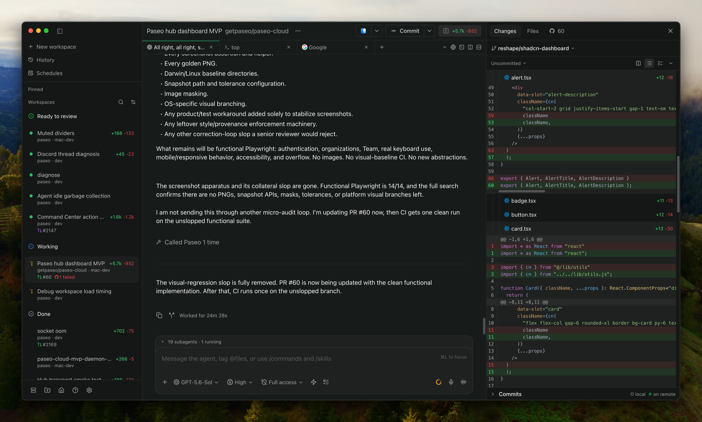 Paseo sidebar with several workspaces grouped under Ready to review, Working and Done.