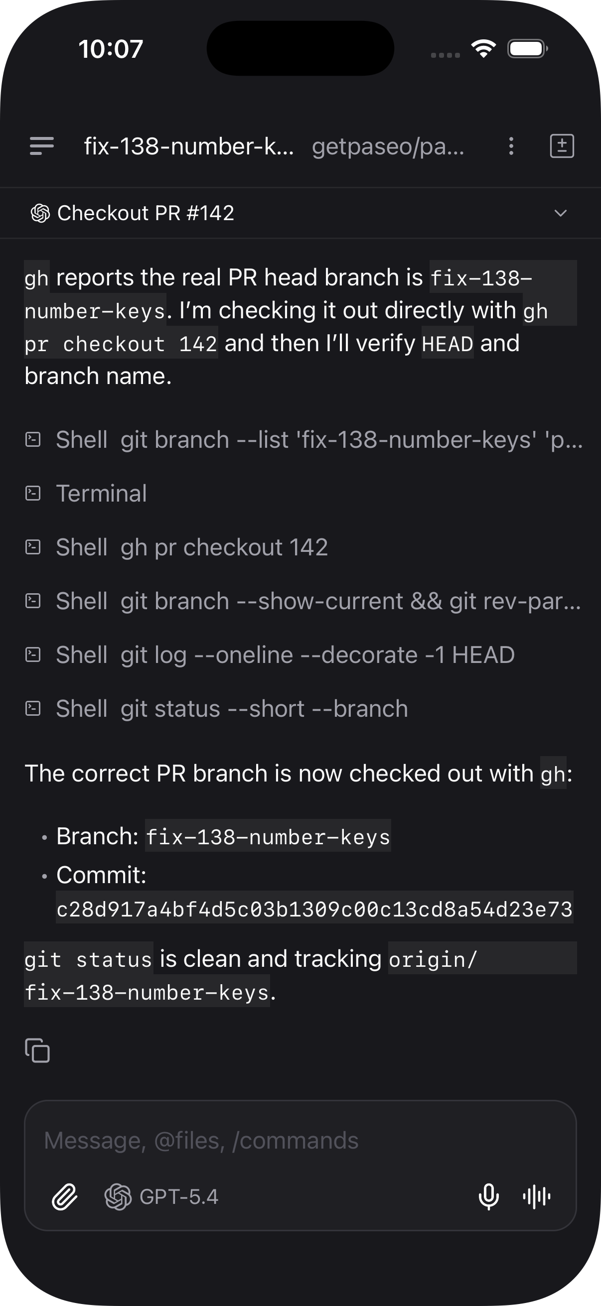 Paseo iPhone app showing a Checkout PR #142 agent conversation, Git tool calls and a message composer.