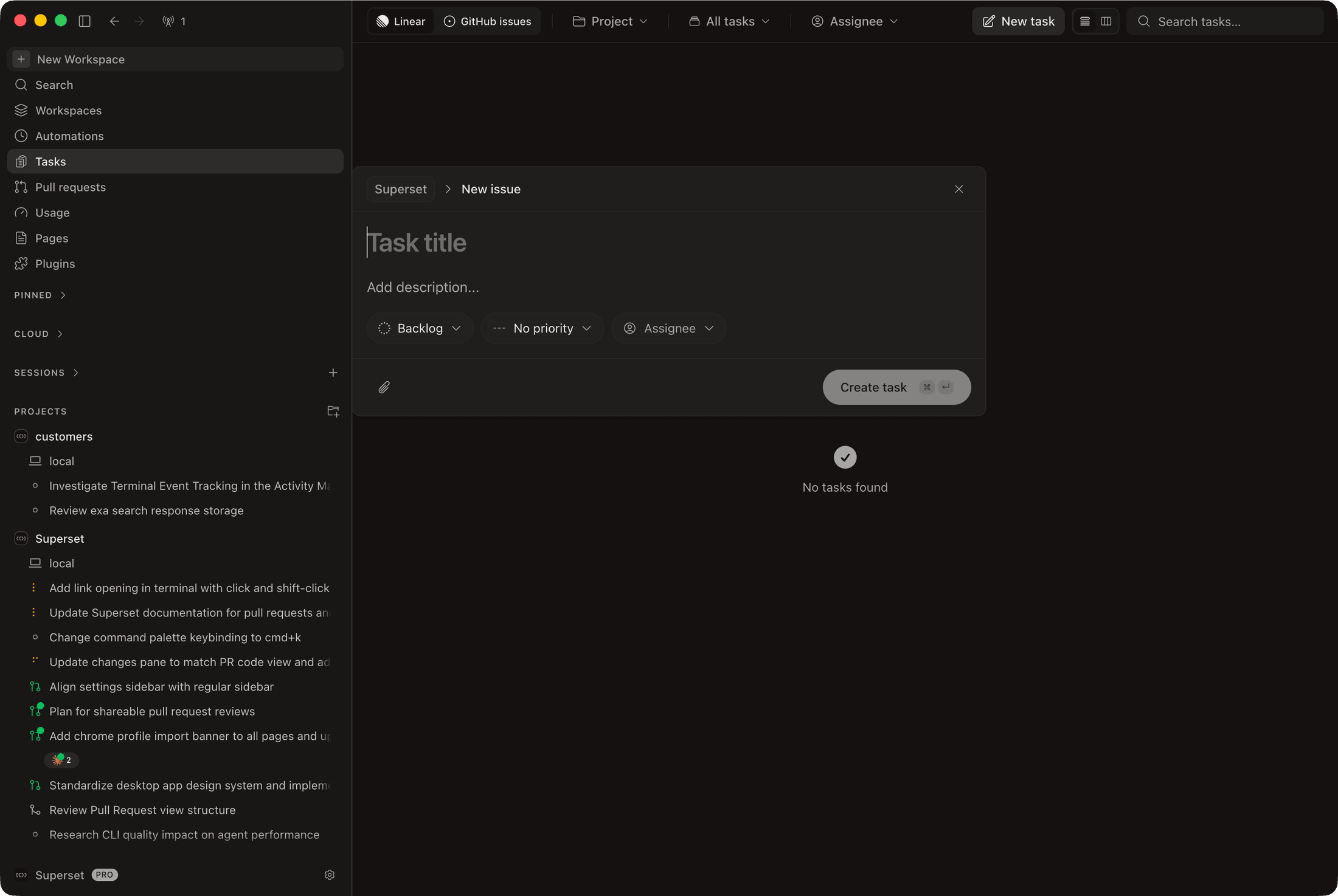 Superset New issue form with title, description, status, priority and assignee fields.