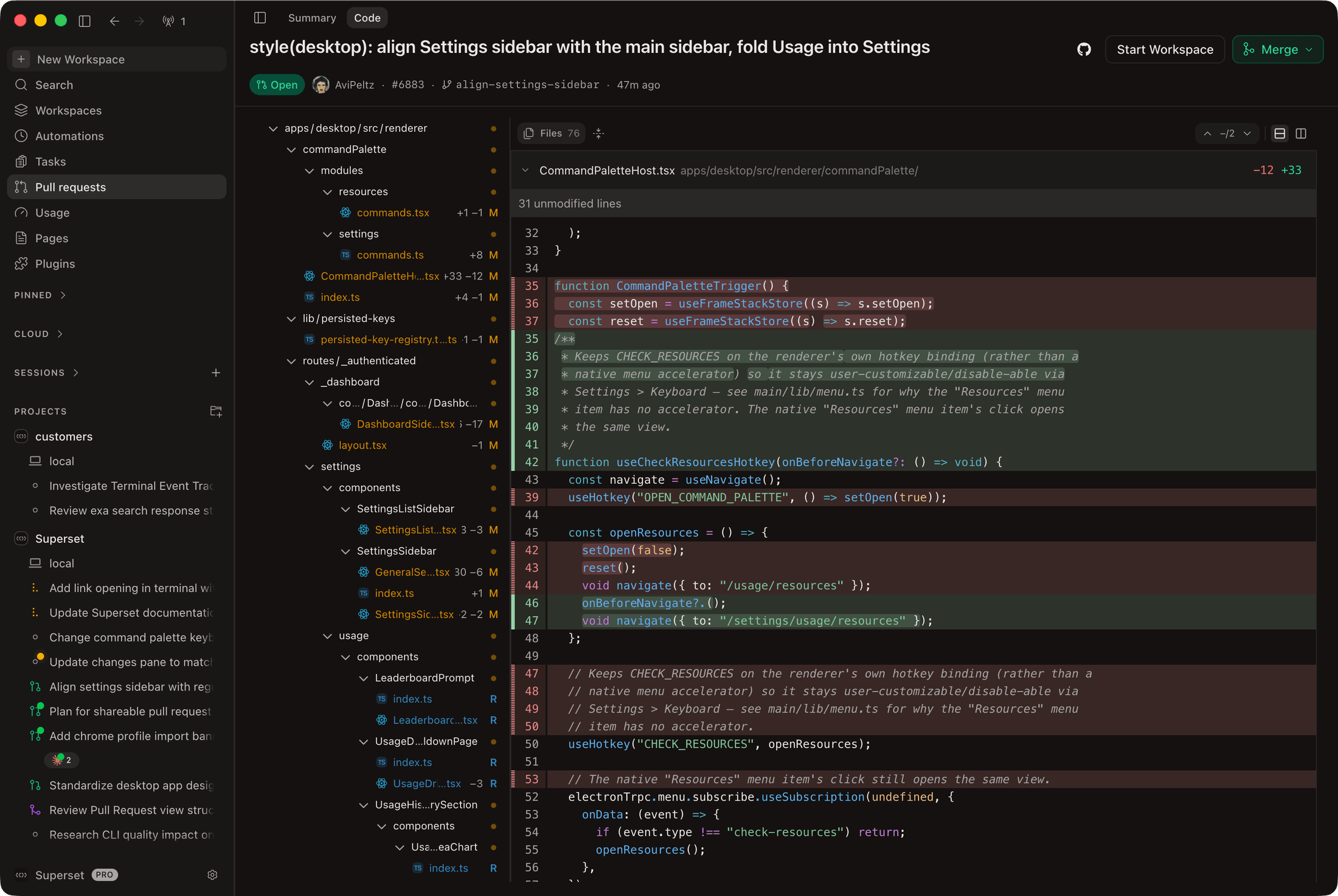 Superset Pull requests Code tab shows changed files and a unified diff for a settings change.