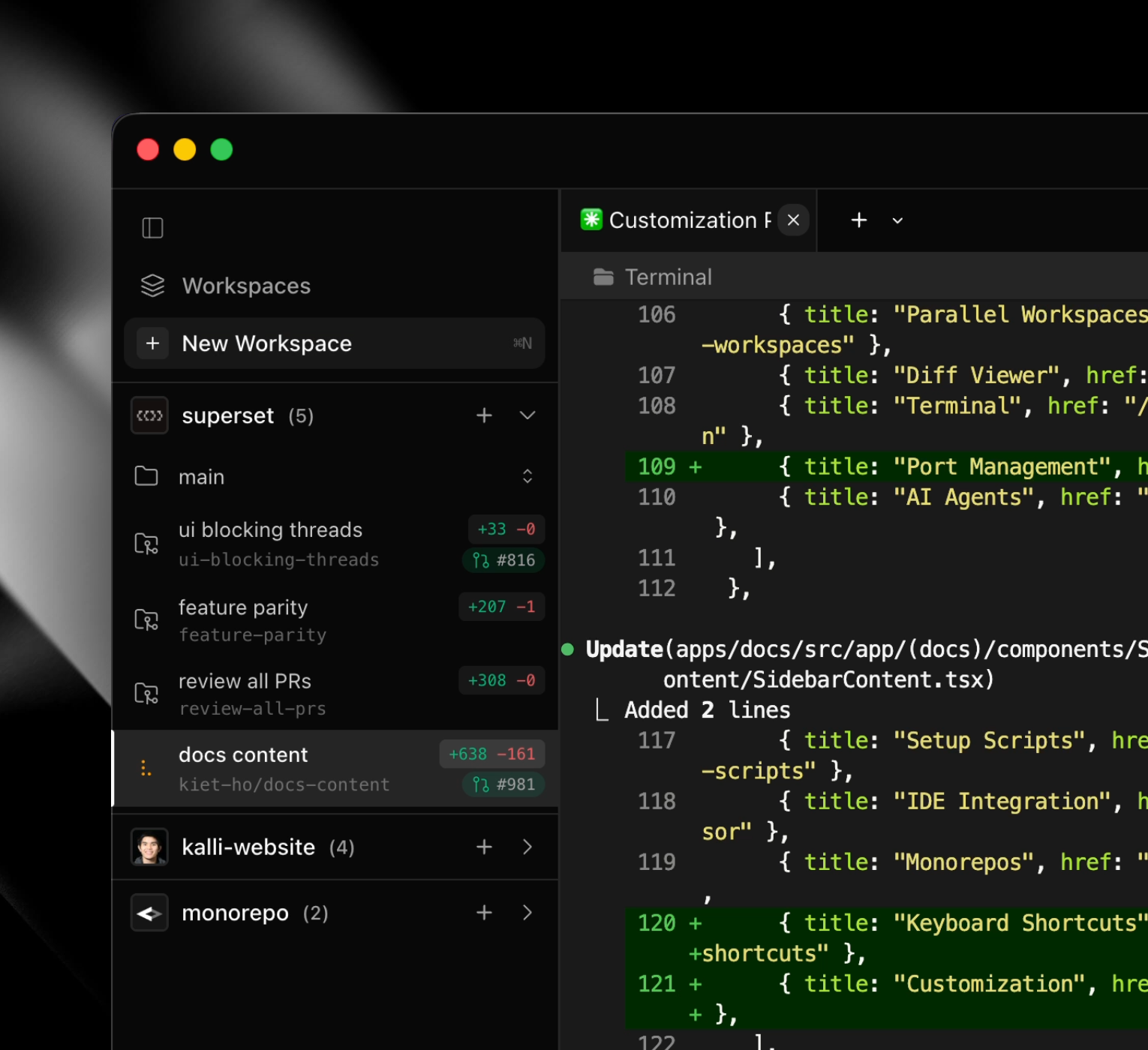 Superset workspace sidebar lists ui blocking threads, feature parity, review all PRs and docs content with their branches.