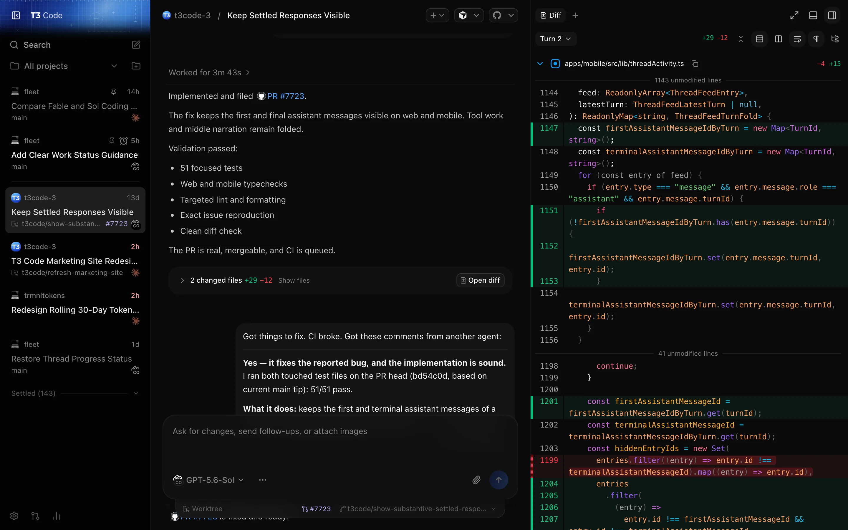 T3 Code thread sidebar with All projects and three threads, including Keep Settled Responses Visible.