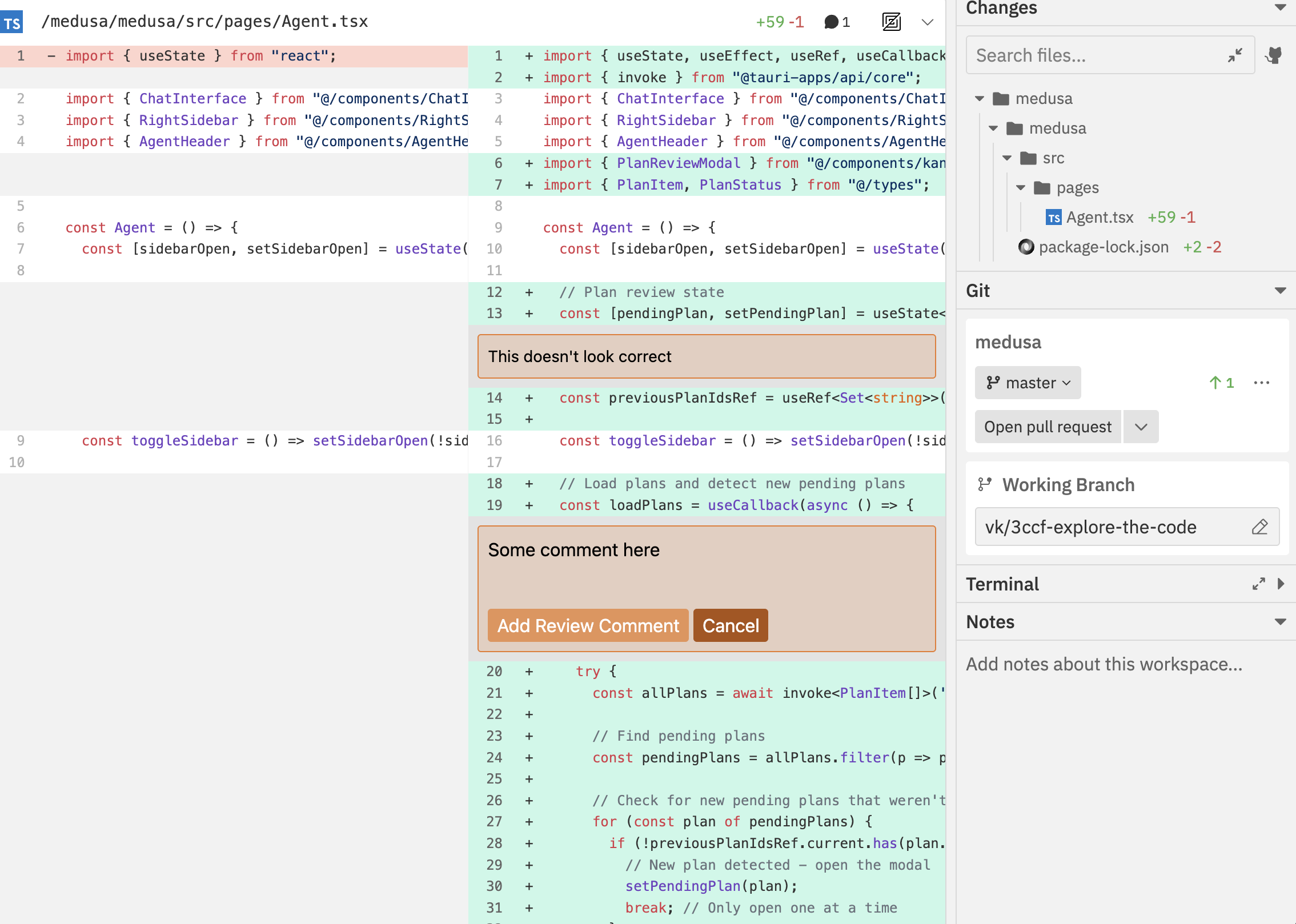 Vibe Kanban Changes panel with an inline comment on Agent.tsx and an Add Review Comment composer next to the Git panel.