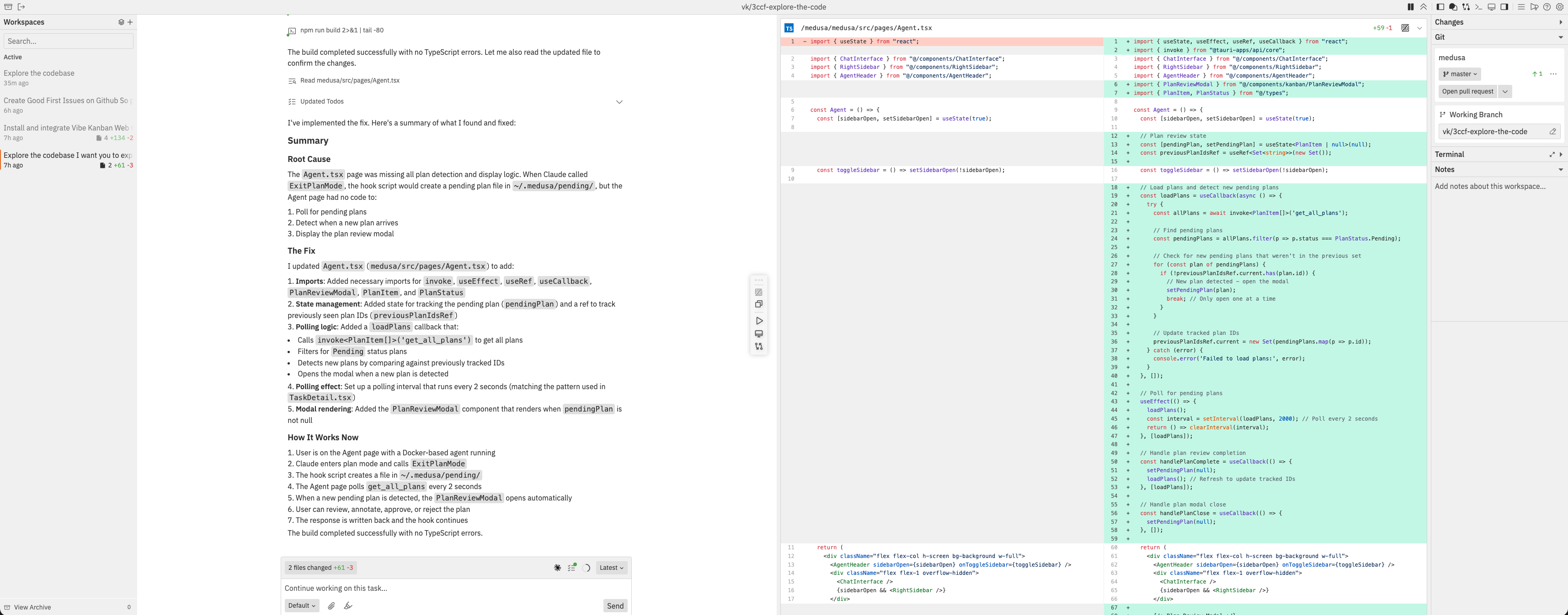 Vibe Kanban workspace with several tasks in the sidebar, an agent conversation and Agent.tsx changes beside the Git panel.