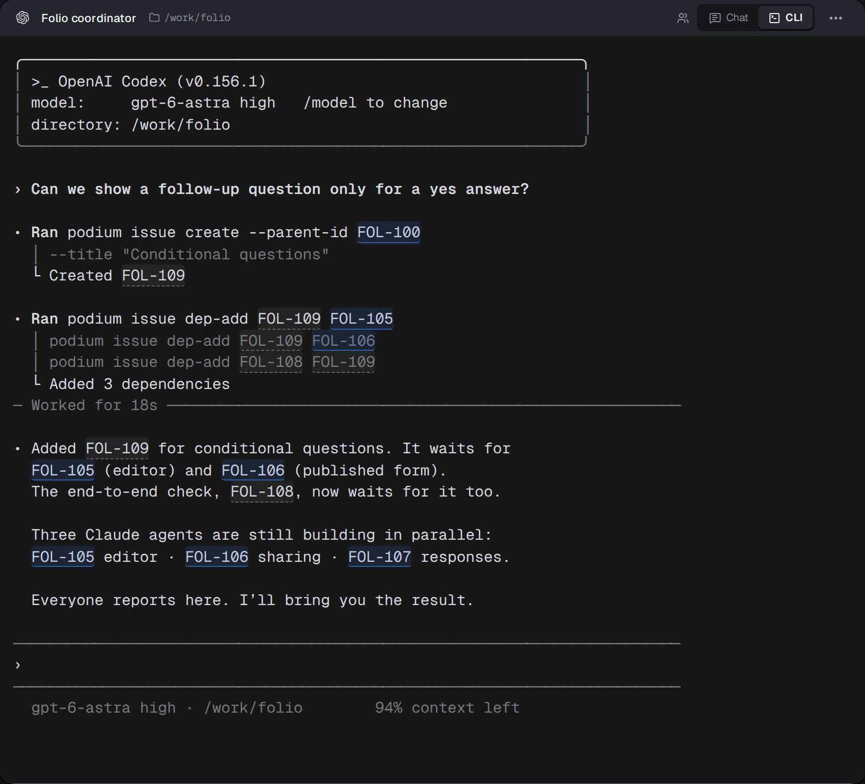 Codex TUI in Podium, showing the Folio change request, commands, results, and native task-reference chips.