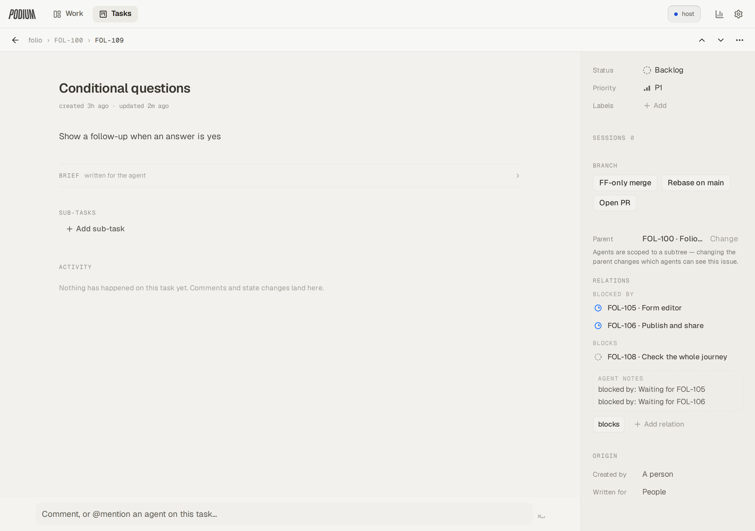 FOL-109 Conditional questions, with its brief, dependencies, and planned agent.