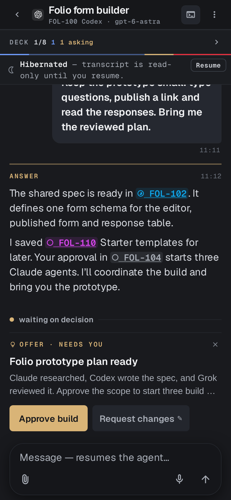 Actual dark mobile Folio conversation and prototype approval offer.