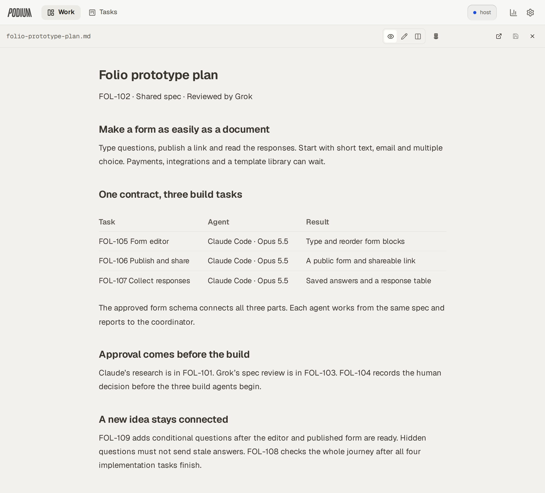 Calm reading mode showing the Folio form builder prototype plan.