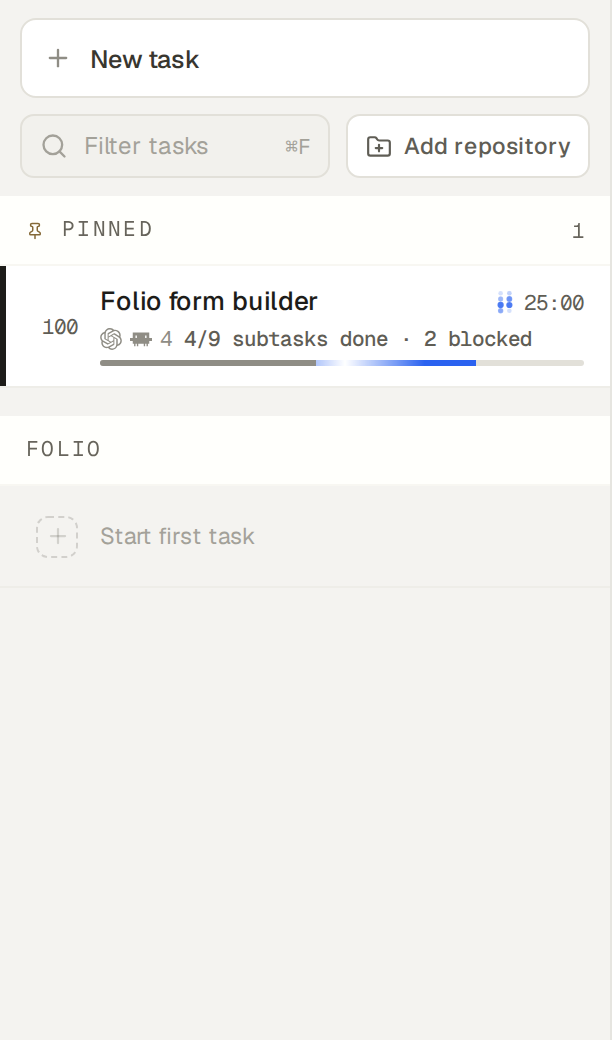 Podium Work sidebar showing the pinned Folio mission and adjacent tasks.